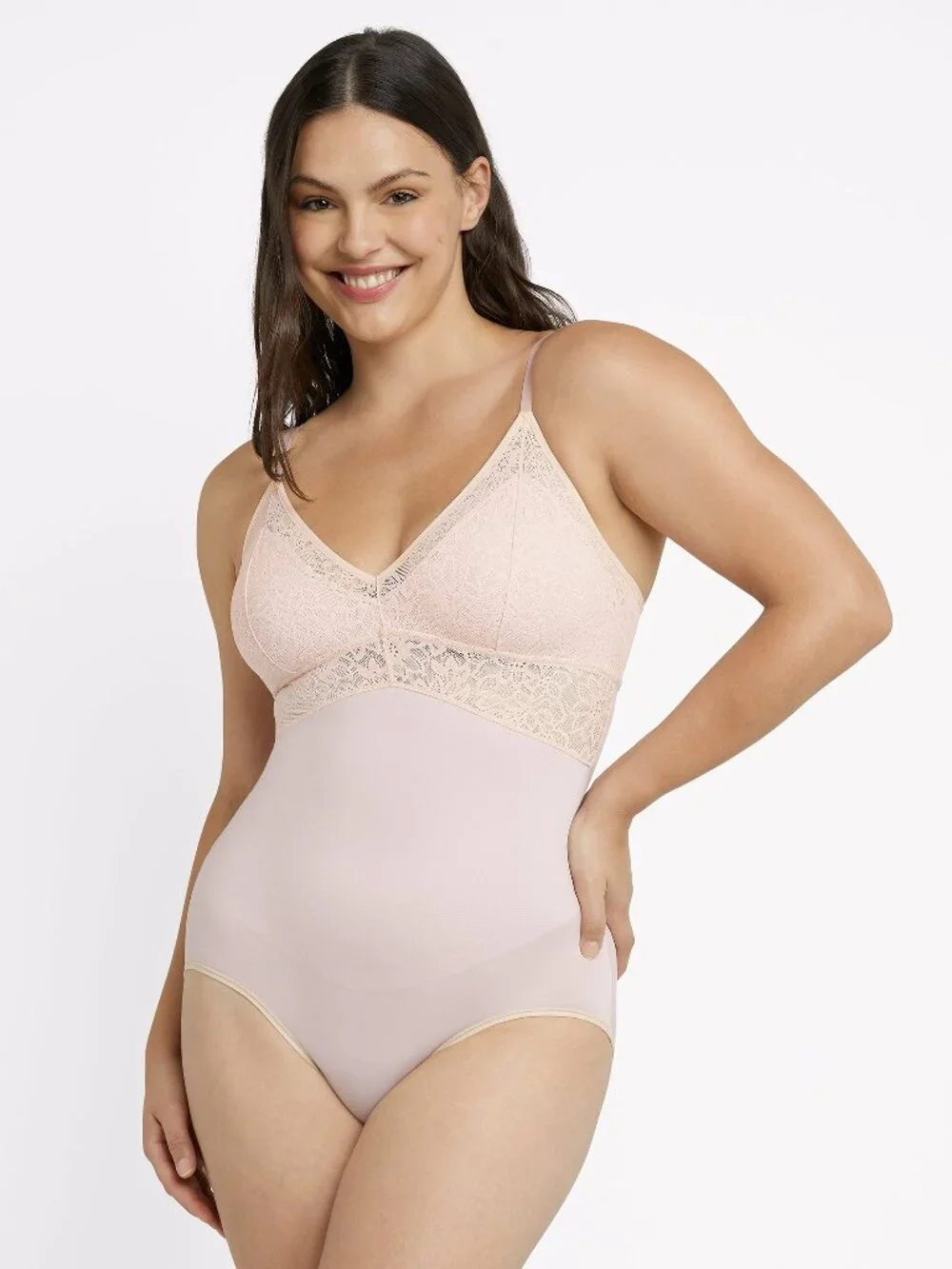 #2187 Maidenform DMS097 Lace Tame Your Tummy Bodysuit (Sandshell Lace S)